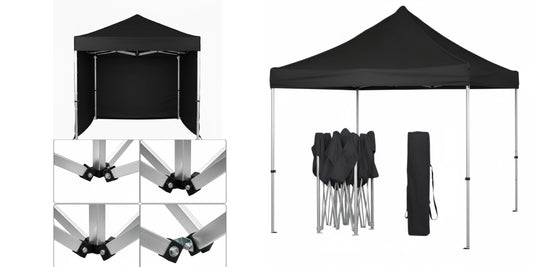 black pop-up aluminum weather resistant canopy tent Gazebo 3m x 3m with 3 Side Walls and metal frame. Outdoor Panels for Privacy on a white background.