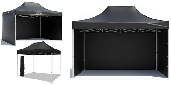 black pop-up aluminum heavy duty canopy tent Gazebo 3m x 4.5m with 3 Side Walls and metal frame. Outdoor Panels for Privacy on a white background