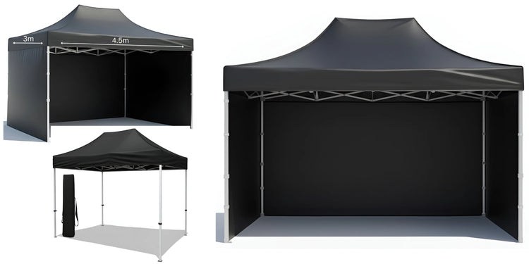 black pop-up aluminum heavy duty canopy tent Gazebo 3m x 4.5m with 3 Side Walls and metal frame. Outdoor Panels for Privacy on a white background