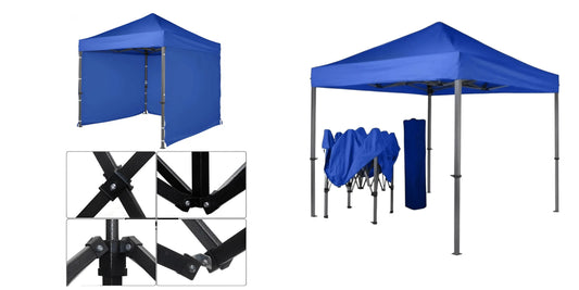 Blue 2m x 2m Instant Canopy with 3 side walls and a durable carry bag. Steel Gazebo