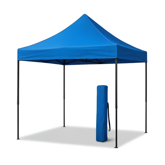 Front view of a portable 2x2 meter steel frame blue gazebo, shown with its carrying bag.