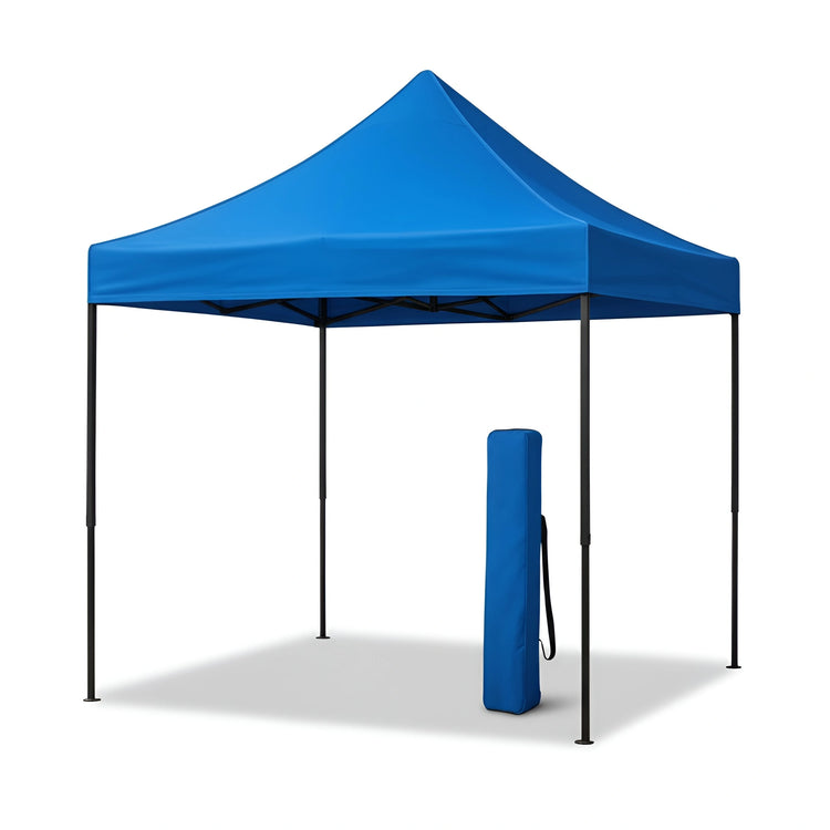 Front view of a portable 2x2 meter steel frame blue gazebo, shown with its carrying bag.