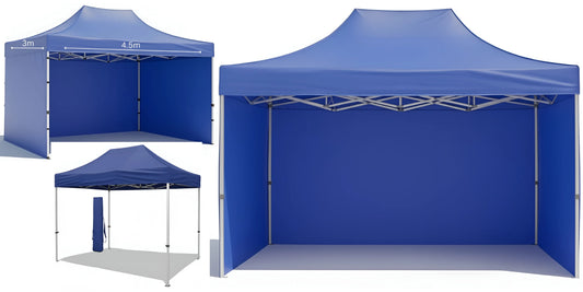 blue pop-up aluminum heavy duty canopy tent Gazebo 3m x 4.5m with 3 Side Walls and metal frame. Outdoor Panels for Privacy on a white background