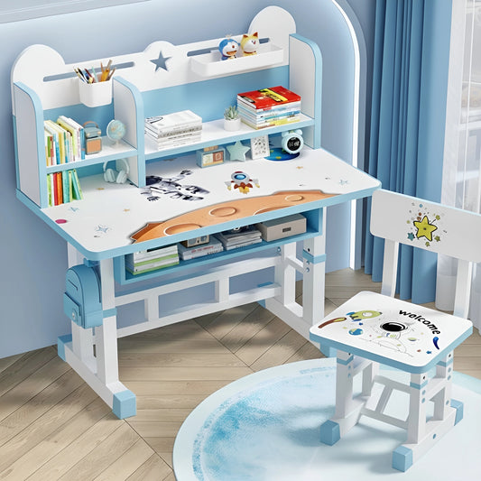 Blue and white adjustable height kids study desk and chair set featuring space astronaut graphics, bookshelves, and a school bag hook.
