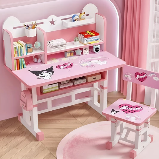 Pink and white adjustable kids study desk and chair set featuring character art, built-in bookshelves, and a hanging school bag.