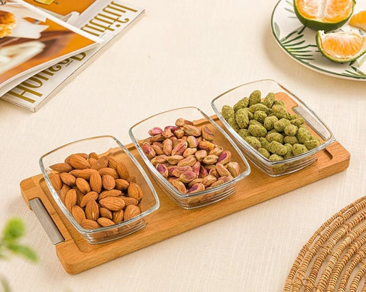 Small Snack Serving Tray with wooden base-  3 section
