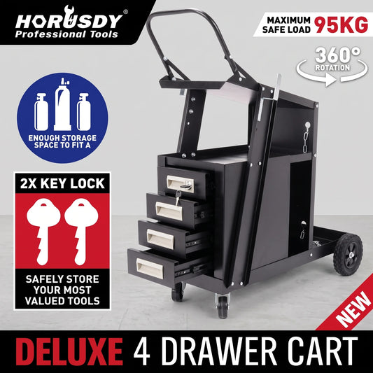 Black Welding Trolley 4 Tier 97343 with 4 drawers, 2 shelves, lockable tool storage, gas cylinder safety chains and mobile workshop wheels