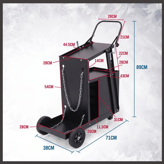 Black Welding Trolley 4 Tier 97343 with 4 drawers, 2 shelves, lockable tool storage, gas cylinder safety chains and mobile workshop wheels