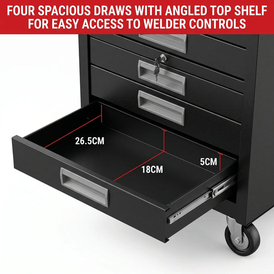 Black Welding Trolley 4 Tier 97343 with 4 drawers, 2 shelves, lockable tool storage, gas cylinder safety chains and mobile workshop wheels