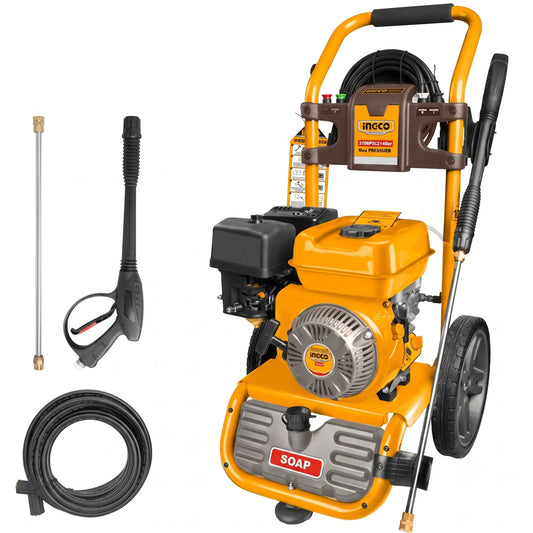 Yellow and black INCO T-PT 1500 PSI gas-powered pressure washer with hose reel, shown with a pressure washer wand and coiled hose on a white background.