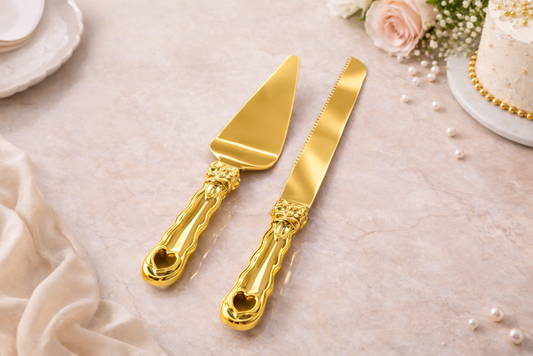 Gold Cake Cutter & Knife 2pc
