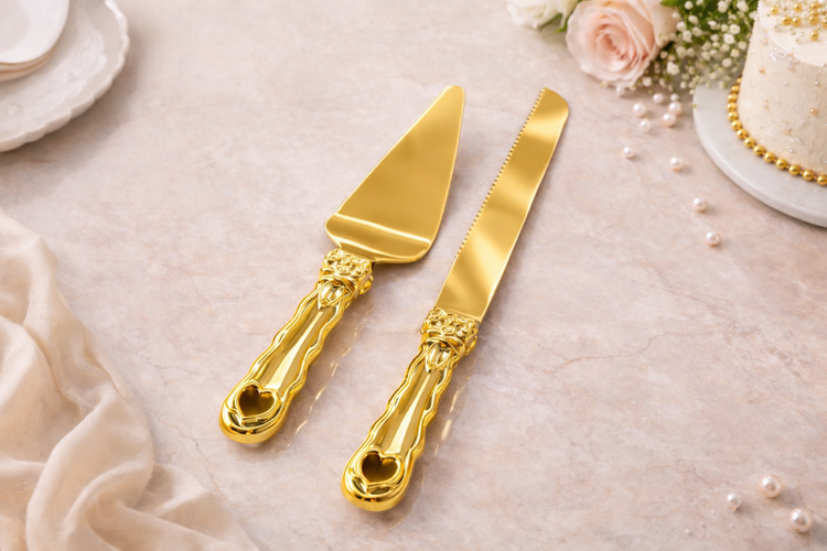 Gold Cake Cutter & Knife 2pc
