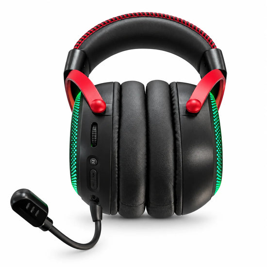 BW105 2.4GHz wireless over-ear gaming headset with RGB lighting, stereo sound, adjustable padded headband, soft ear cushions and boom microphone, assorted colours.