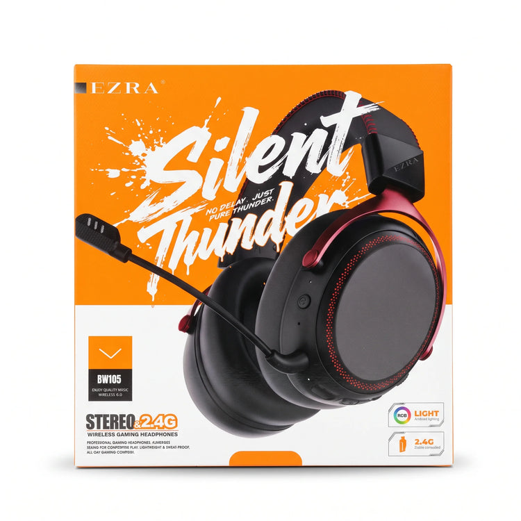 BW105 2.4GHz wireless over-ear gaming headset with RGB lighting, stereo sound, adjustable padded headband, soft ear cushions and boom microphone, assorted colours.