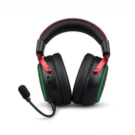BW105 2.4GHz wireless over-ear gaming headset with RGB lighting, stereo sound, adjustable padded headband, soft ear cushions and boom microphone, assorted colours.