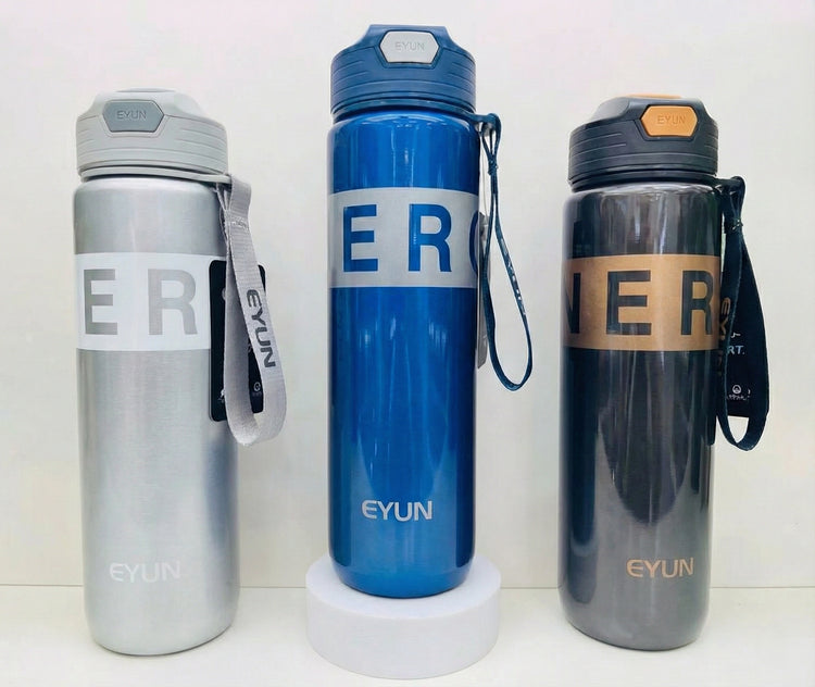Eyun plastic sport water bottles in silver, blue, and black standing in a row, featuring a shiny finish, push-button flip-top lids, and fabric carry straps.