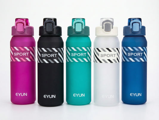Five Eyun frosted sport water bottles in magenta, black, teal, white, and navy blue lined up, featuring diagonal striped bands and leakproof flip-top lids with safety locks.