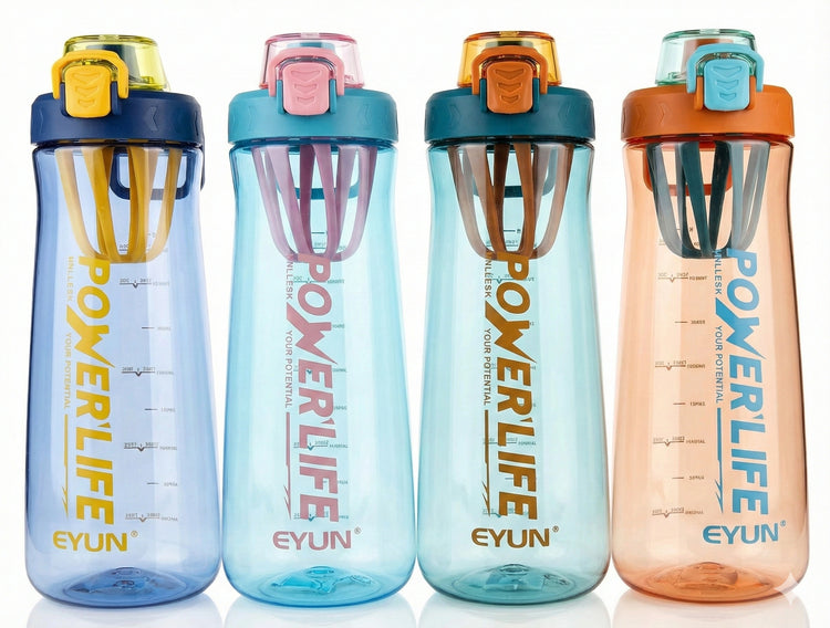 Four Eyun Power Life protein shaker bottles in blue, cyan, teal, and orange, showing built-in mixing whisks, volume markers, and locking flip-top lids.