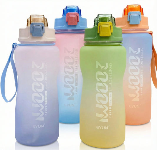 Four Eyun large capacity 2.2L water bottles with gradient ombre colors in purple, pink, green, and orange, featuring matte finish, fabric straps, and "2000" typography.