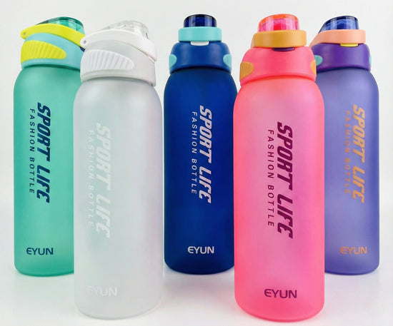 Five Eyun frosted sport water bottles in teal, white, blue, pink, and purple, featuring "SPORT LIFE" text, matte finish, and locking flip-top lids.
