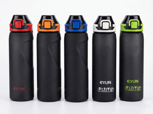 Five matte black Eyun sports water bottles with ergonomic finger grips and sport icons, featuring locking flip-top lids in red, orange, blue, white, and green.