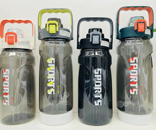 Four large capacity Eyun sport water bottles in white, grey, black, and dark green, featuring oversized carrying handles, internal straws, and locking flip-top lids.
