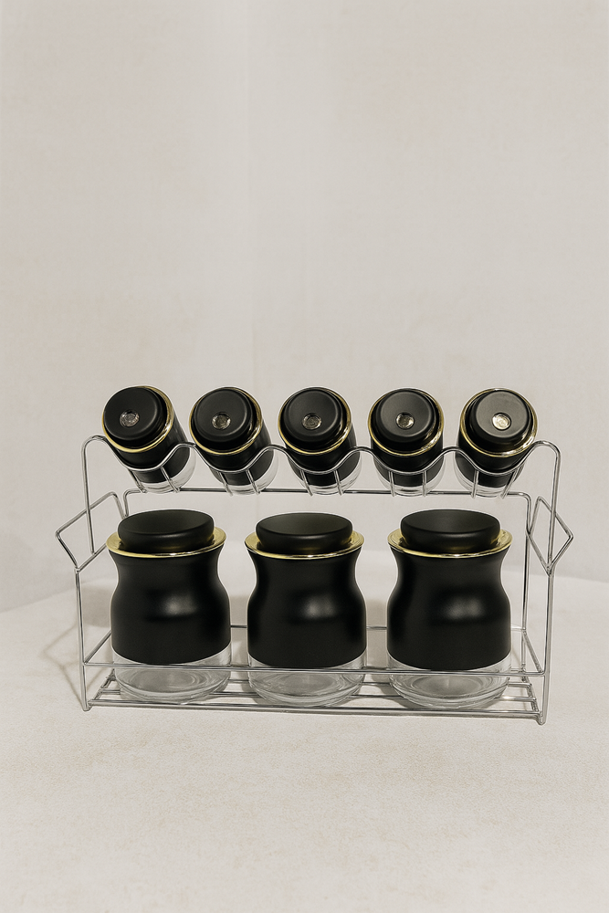 Spice Condiment Jars & Rack Stand 8pc Black & Gold O1016HJ