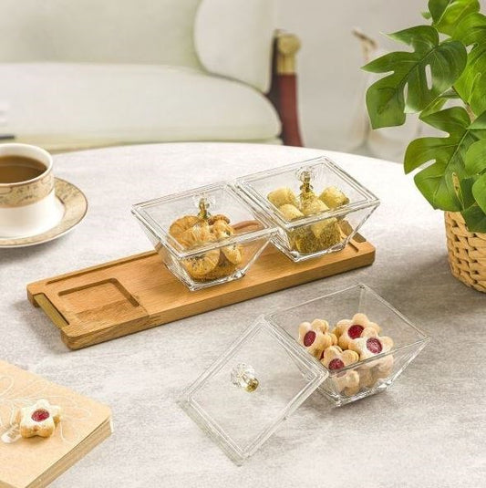 Square Snack Serving Tray Wooden Base 3 Section 224259