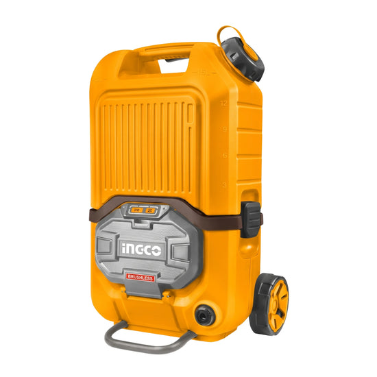 An INGCO portable pressure washer power station in bright yellow-orange with a gray front panel, black straps, and a small wheel, shown on a plain white background.