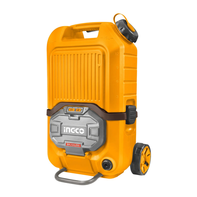 An INGCO portable pressure washer power station in bright yellow-orange with a gray front panel, black straps, and a small wheel, shown on a plain white background.