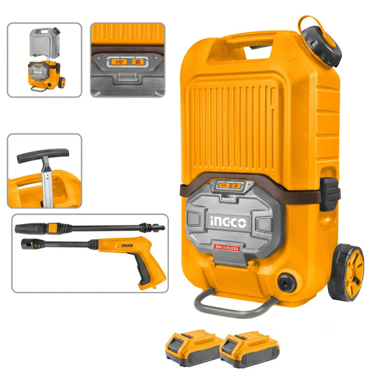 An ingco portable pressure washer system in bright yellow and gray, shown with two battery packs and several detail inset images on a white background.