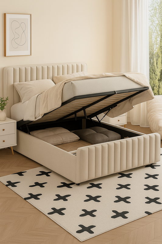 King Bed With Gas Lift PU Cream 167.5cm x 203cm 4480G