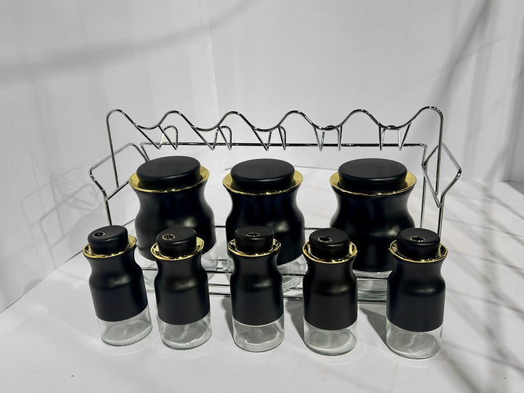 Spice Condiment Jars & Rack Stand 8pc Black & Gold O1016HJ