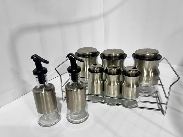Spice Condiment Jars & Rack Stand 8pc Silver O1013
