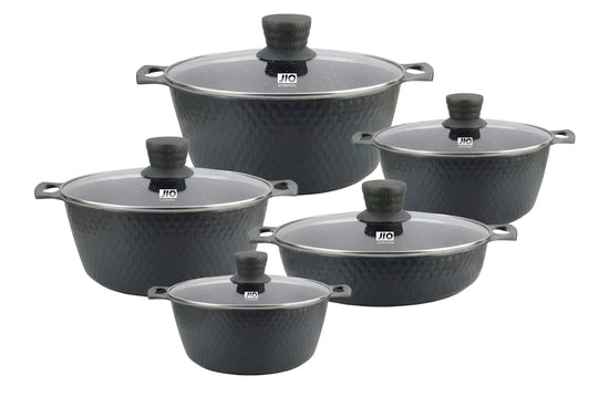 10-piece black granite coating cookware set box J19106 with gas electric and dishwasher safe icons