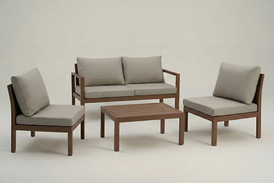 Modern 3-piece outdoor lounge set JHA-3026 featuring a brown frame 2-seater sofa, two armless grey chairs, and a coffee table.