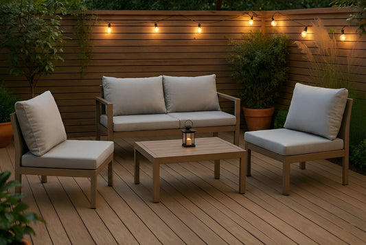 Modern 3-piece outdoor lounge set JHA-3026 featuring a brown frame 2-seater sofa, two armless grey chairs, and a coffee table.