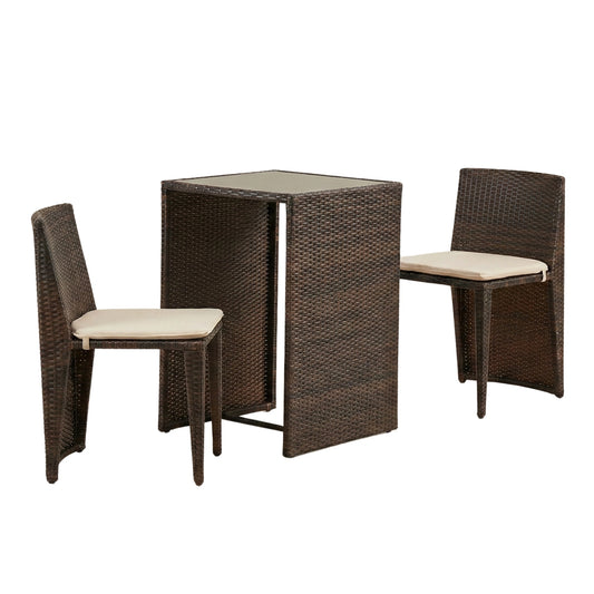 Brown rattan outdoor bistro set with glass top table and cream cushions JHA-50376