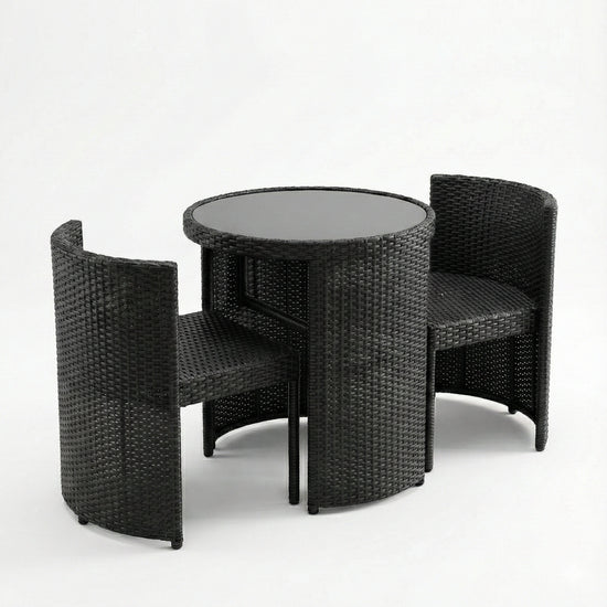 Black 3-piece space saving outdoor rattan bistro set JHA-50377 with nesting chairs and tempered glass table on white background.