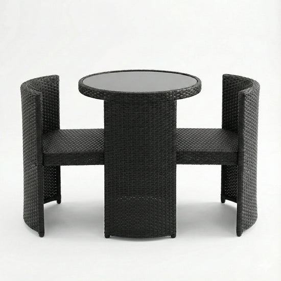 Black 3-piece space saving outdoor rattan bistro set JHA-50377 with nesting chairs and tempered glass table on white background.