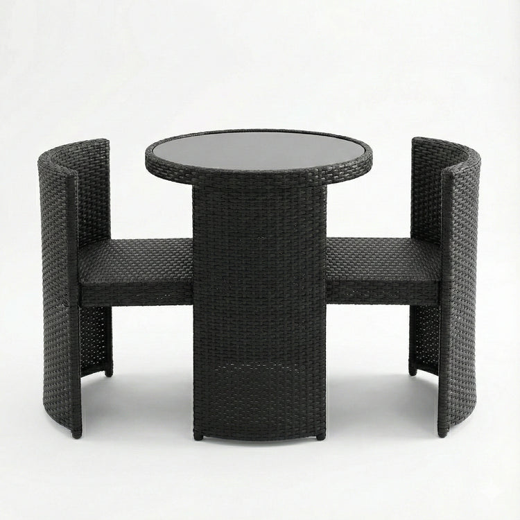 Black 3-piece space saving outdoor rattan bistro set JHA-50377 with nesting chairs and tempered glass table on white background.