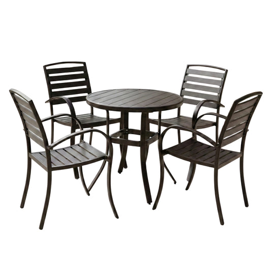 Matte black and dark bronze round outdoor table with four metal armchairs set