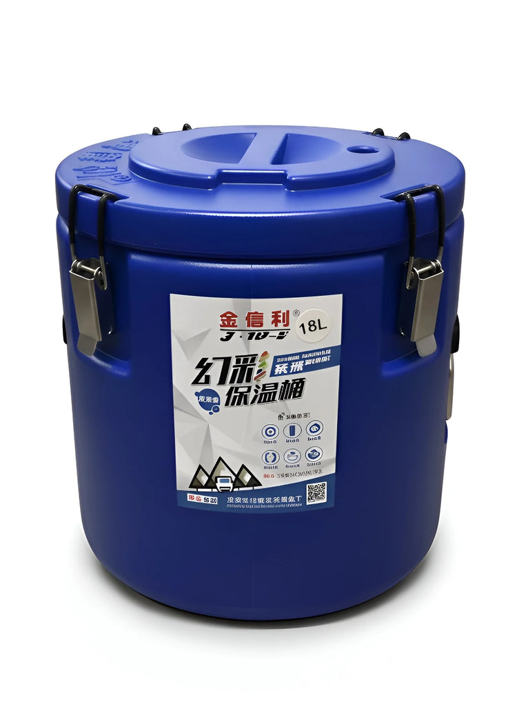 Frontal view of an 18-litre blue cooler bin with a stainless steel inner and carry handle YS19022-73