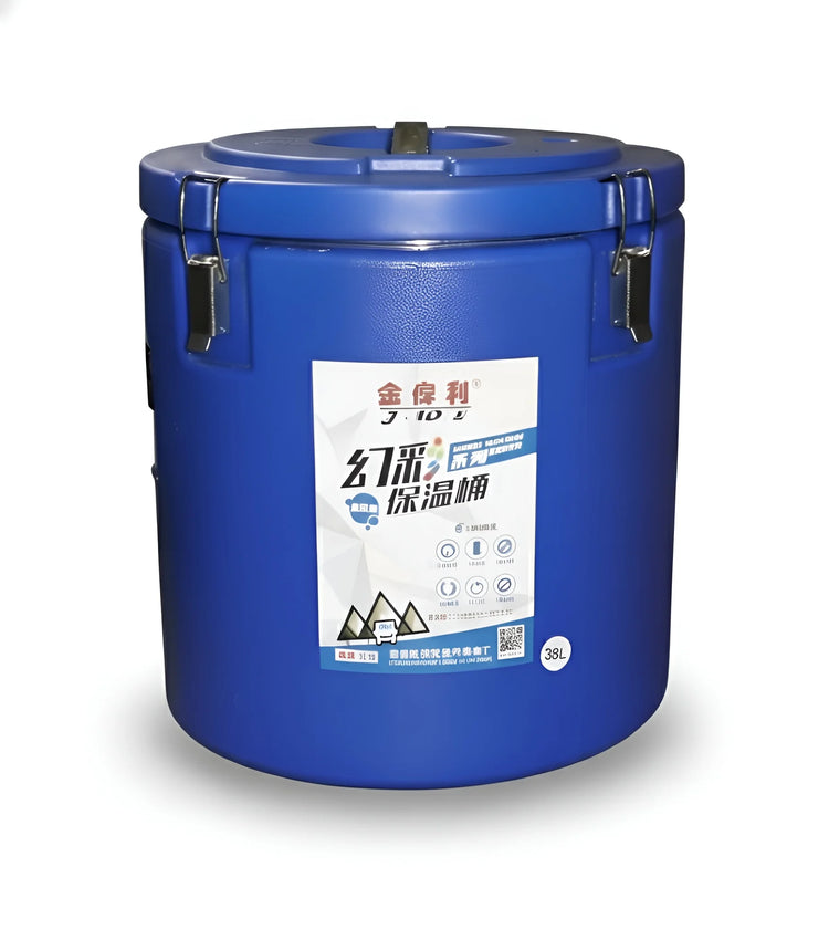 Frontal view of a 38-litre blue cooler bin with a spigot, carry handle, and a stainless steel interior YS19022-73