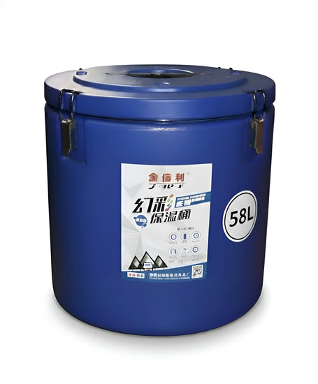 Frontal view of a 58-litre blue cooler bin with a spigot, carry handle, and a durable plastic exterior YS19022-73