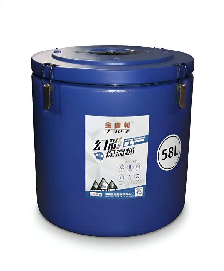 Frontal view of a 58-litre blue cooler bin with a spigot, carry handle, and a durable plastic exterior YS19022-73