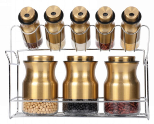 Spice Rack Condiment Gold 8pc O1016J