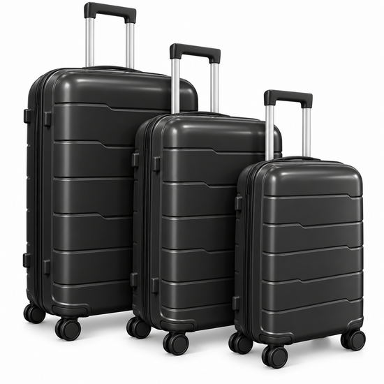 PP-04 premium black 3pc hardshell suitcase set with 20, 24 and 28 inch luggage, double spinner wheels and telescopic handles