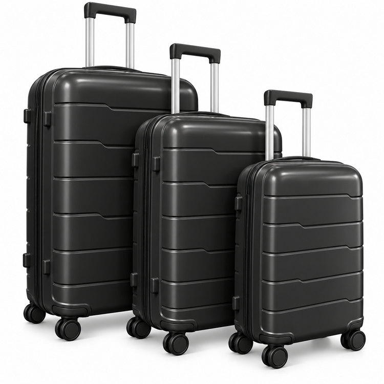 PP-04 premium black 3pc hardshell suitcase set with 20, 24 and 28 inch luggage, double spinner wheels and telescopic handles