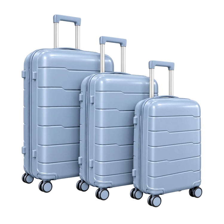 PP-04 premium light blue 3pc hardshell suitcase set with 20, 24 and 28 inch luggage, double spinner wheels and telescopic handles